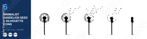 Dandelion Seed Silhouettes Icons Set, Minimalist Design. Nature Outline and Fill Illustrations