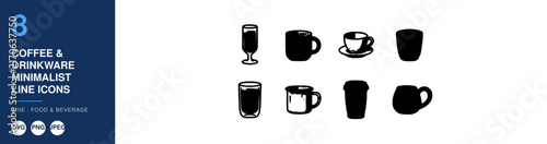 Drinkware Icons Set with Coffee, Tea, and Beverage Illustrations. Minimalist Line Icons Design