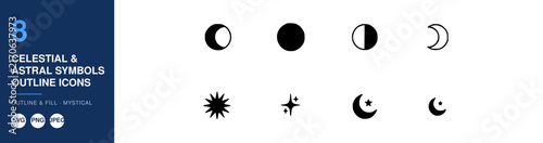 Celestial Symbols Outline Icons Set, Astral Design Elements. Mystical Illustrations, Cosmic Vector Graphics