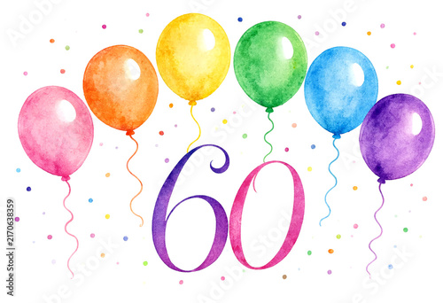 Colorful watercolor balloons with number sixty for birthday anniversary or celebration event design