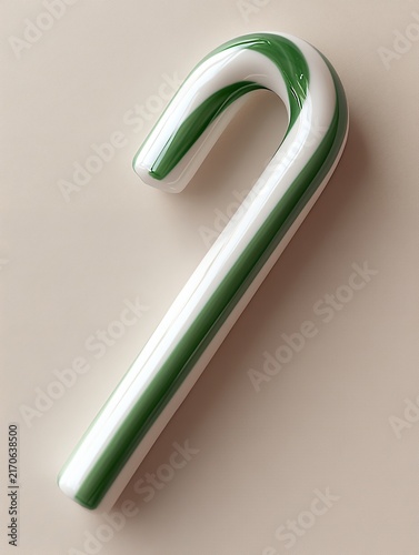 Green and white candy cane rests on a beige background. The candy cane is glossy and has a slight curve