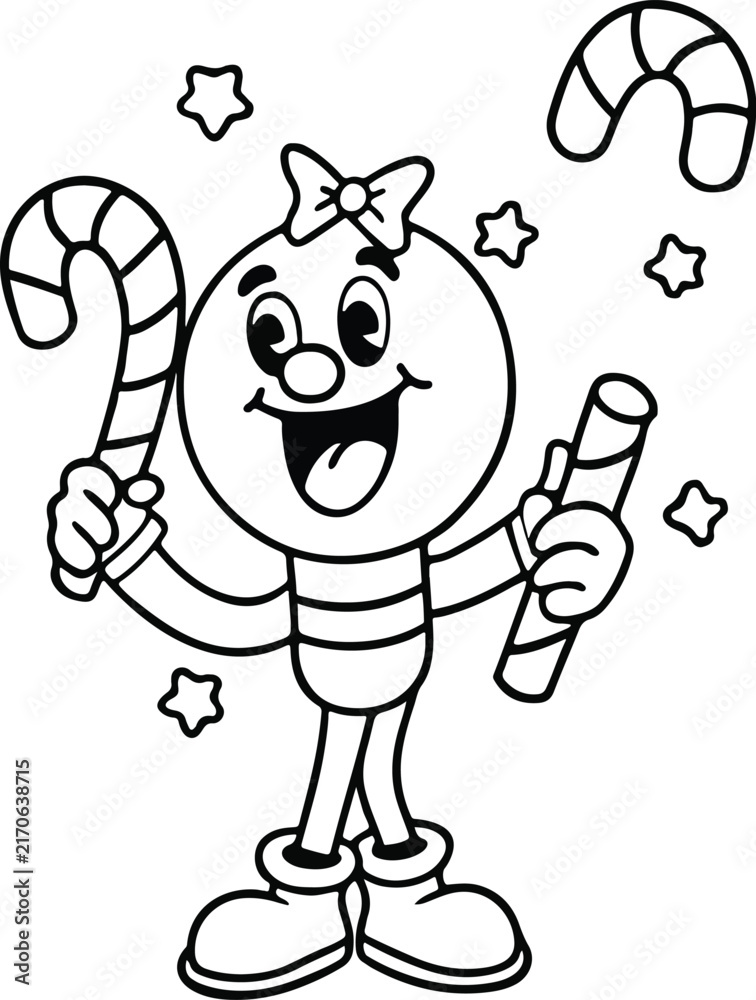 Fototapeta premium Cute cartoon candy girl character with a bow holding candy canes
