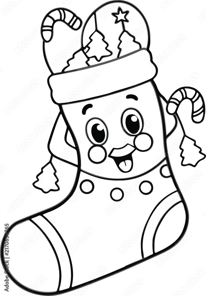 Fototapeta premium Cute christmas stocking character with candy canes, black and white coloring page