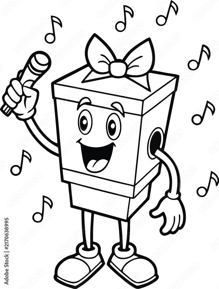Naklejka premium Cute cartoon gift box character singing with a microphone, coloring page
