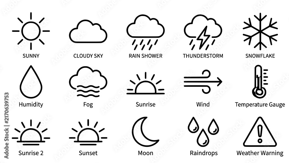 Obraz premium Black line icons representing various weather conditions and atmospheric elements