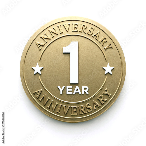 Golden one year anniversary badge with stars and embossed text isolated design