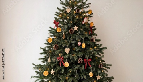 Decorated Christmas tree with colorful ornaments on light background. A festive evergreen adorned with baubles and lights, ideal for holiday interior design promotions or seasonal advertisements.