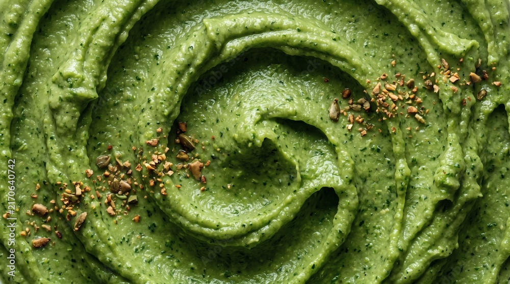 Obraz premium Fresh Green Puree Swirls with Seeds and Herbs Macro
