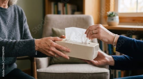 Supportive woman offering a tissue box to another woman during an emotional conversation at home. Compassion, empathy, grief counseling, and mental health support concept.