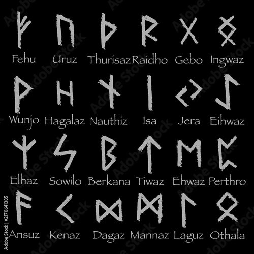 Bild auf Leinwand Elder Futhark runic alphabet set with names on black background vector illustrat