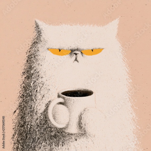 Grumpy white cat with yellow eyes holding a mug of coffee