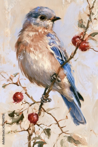Impressionistic painting of a bluebird perched on a branch with red berries
