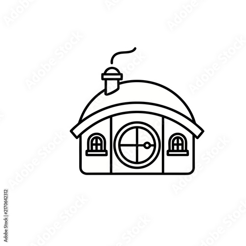 Line art of a whimsical house with a round door