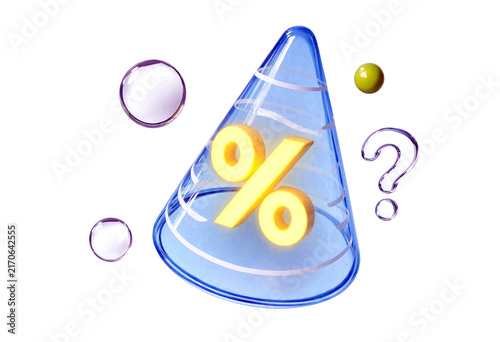 Modern transparent funnel with glowing percentage sign and question mark bubbles isolated illustration