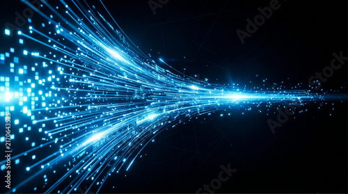Stream of Glowing Blue Particles and Light Fibers Converging in Dark Space