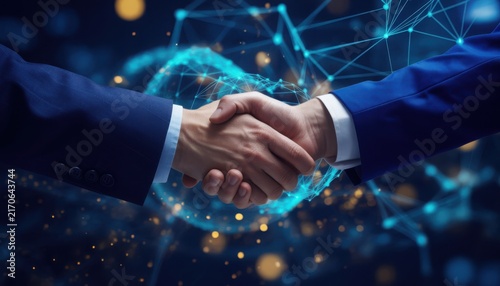 Professional handshake between two businessmen with a glowing digital network background, representing tech partnership.