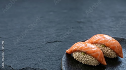 Salmon nigiri sushi on dark plate.