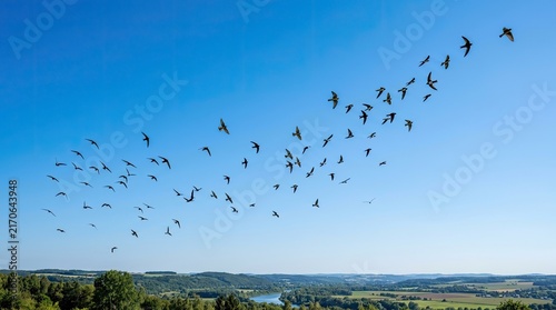 A flock of birds flying in the clear sky.
