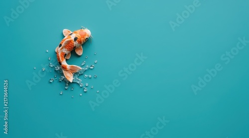 Orange koi fish jumping on blue water surface.