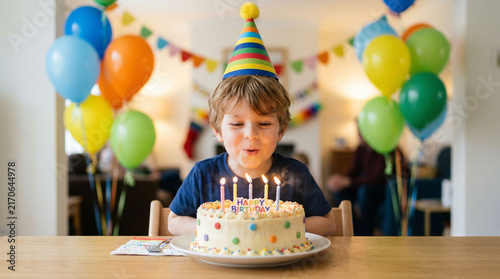 Child celebrates birthday with cake and balloons in a home setting