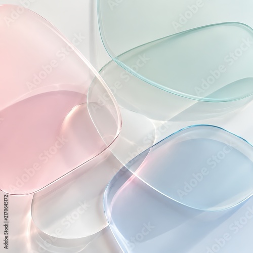 Layered translucent glass shapes in soft pastel light