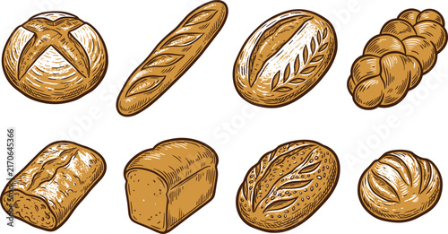 Collection of various hand-drawn bread loaves including sourdough, baguette, braided challah, and rustic wheat loaves isolated on a white background