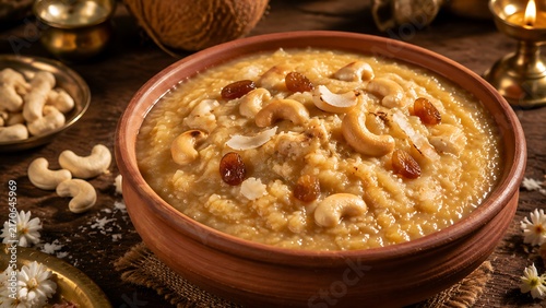 Authentic Sri Lankan Sweet Pongal Dessert With Golden Rice, Coconut Milk, Jaggery, Cashews and Raisins Served in Clay Bowl for Traditional Festival Food Marketing