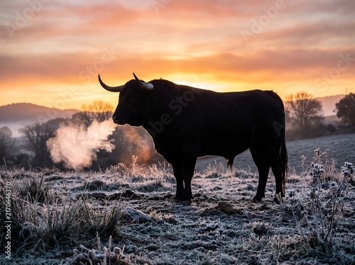 IA Generated render of a black Spanish bull drinking from a river at sunset with golden water reflections.