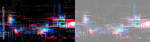 Foto Signal interference dominates abstract frame, with stretched red and blue glitches crossing wide black gaps
