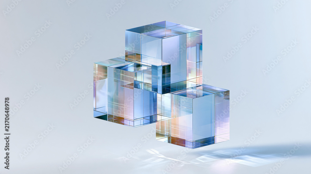 Obraz premium Translucent Geometric Cubes with Colorful Reflections and Modern Light Effects