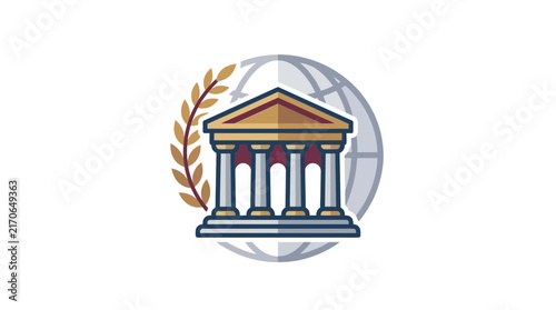 Classical building emblem with globe and laurel wreath