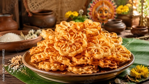 Authentic Sri Lankan Kokis Traditional Rice Flour Snack Stack on Rustic Plate During New Year Festival Celebration with Homemade Village Food Heritage and Cultural Cuisine