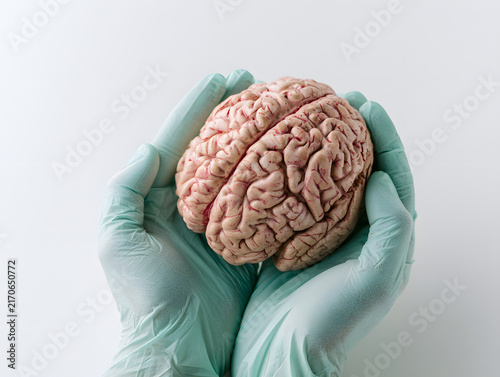 Human brain model held by gloved hands, medical professional, healthcare concept, alzheimer's disease, stroke, mental health, psychology, neuroscience, brain care, World Mental Health Day.