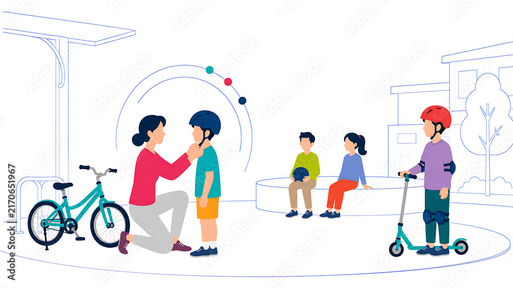 Fototapeta premium Child Injury Prevention and Bicycle Safety Education with Children Wearing Helmets and Protective Gear, Modern UI Editorial Flat Vector Illustration
