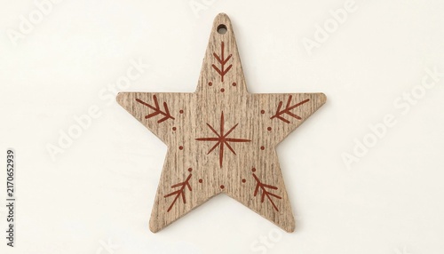 Rustic wooden star with hand-painted red berry pattern. A charming folk-style Christmas ornament, well suited for traditional holiday branding and craft market displays.