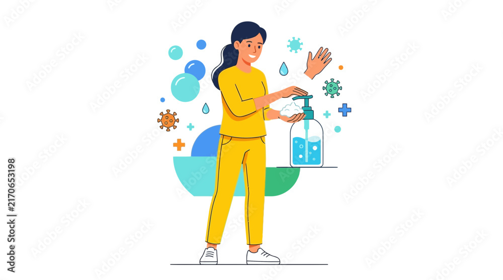 Obraz premium Woman washing hands with soap and water, hygiene concept, preventing virus spread, vector illustration