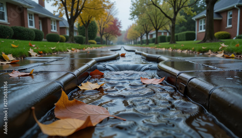 Flowing rainwater through a suburban street with wet pavement and fallen autumn leaves against a clear sky during autumn season