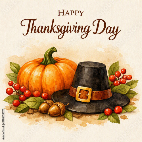 Festive Thanksgiving illustration - pumpkin, pilgrim hat, acorns, red berries on beige watercolor background. “Happy Thanksgiving Day” text. Holiday greetings, fall promotions, social media posts.