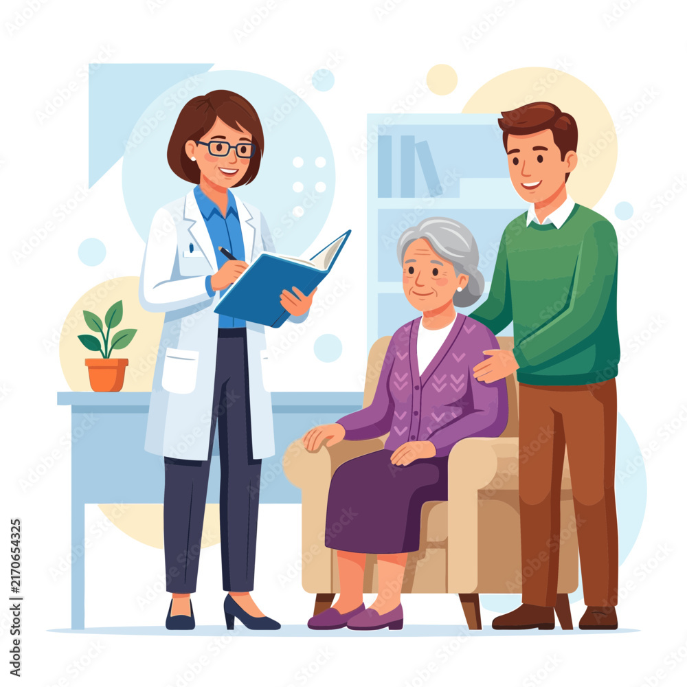 Fototapeta premium Doctor Consults with Senior Patient and Family Member in Cozy Office - Healthcare and Support Illustration
