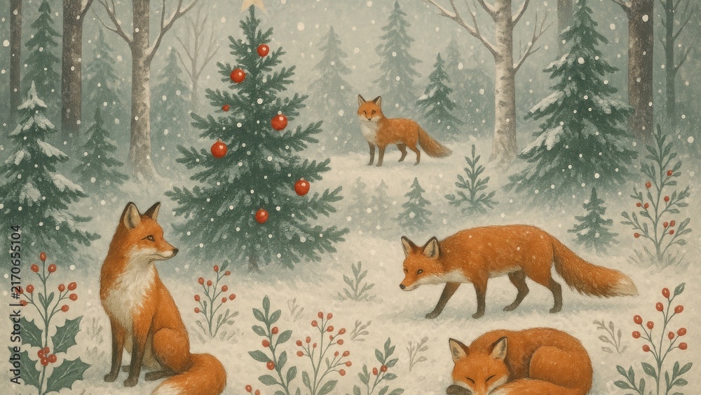 Fototapeta premium Foxes in snowy forest desktop wallpaper