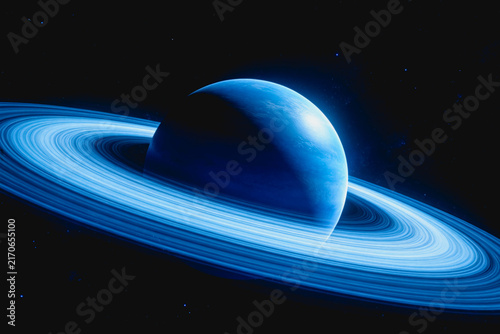 A large blue gas giant planet with prominent ring systems, set against a starry deep space background.