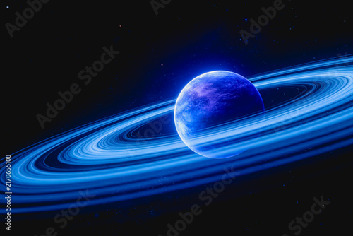 A luminous gas giant planet with distinct blue ring systems, set against a star-filled deep space background.
