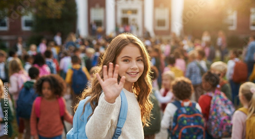 Happy kids walking together towards school on a bright back to school morning