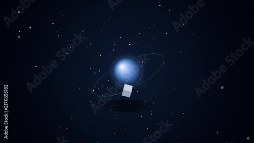 Blue celestial planet with orbiting sphere and geometric cube on circular path lines in a minimalist vector space science animation background with glowing stars and particles