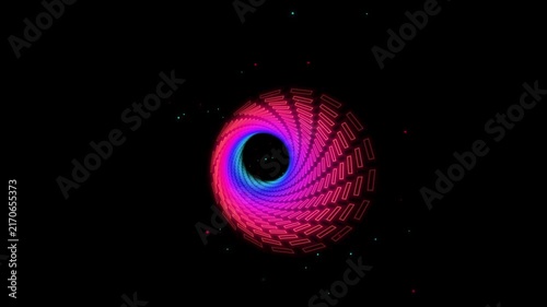 Glowing abstract neon spiral tunnel of rotating pink and blue geometric rectangular frames twisting in 3D space on a black background with tiny floating colorful light particles