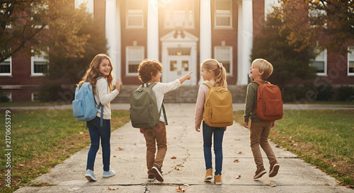 Happy kids walking together towards school on a bright back to school morning