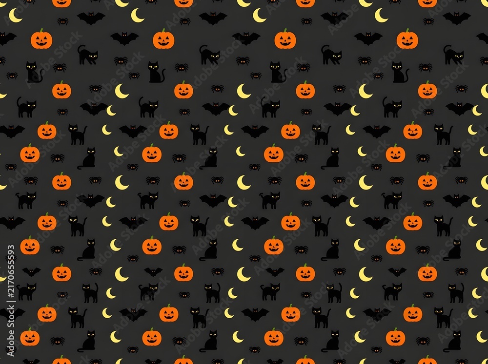 Seamless halloween pattern with pixel art pumpkins cats moons and bats on black background