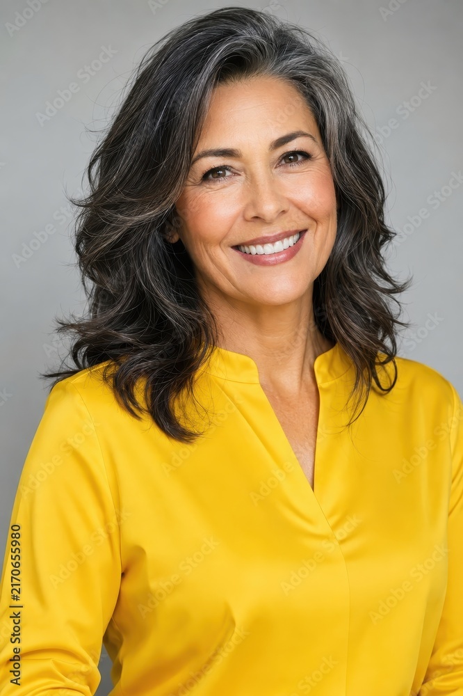 Fototapeta premium Woman with grey streaked hair in a yellow blouse in studio light