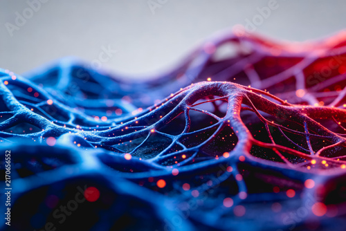 A 3D abstract representation of an interconnected network with glowing particles, blending organic and digital textures.