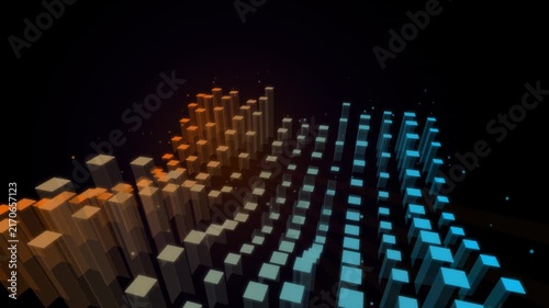 Futuristic 3D digital audio visualizer displaying glowing neon orange and blue equalizer bars rising and falling on a dark background for abstract music and technological projects